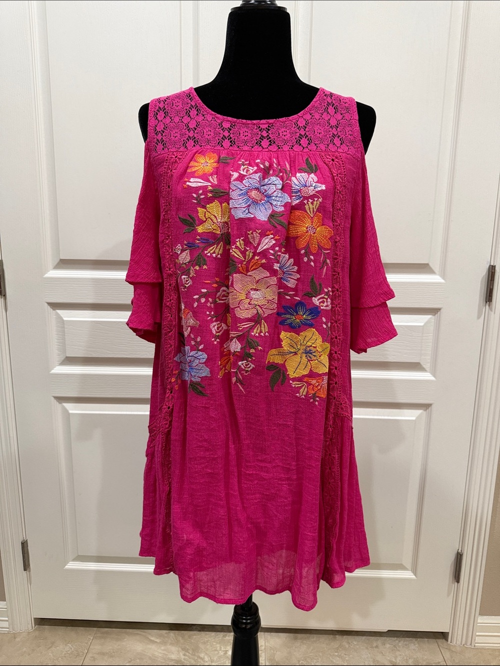 Umgee Fuchsia Floral Embroidered Midi Dress with Lace Yoke